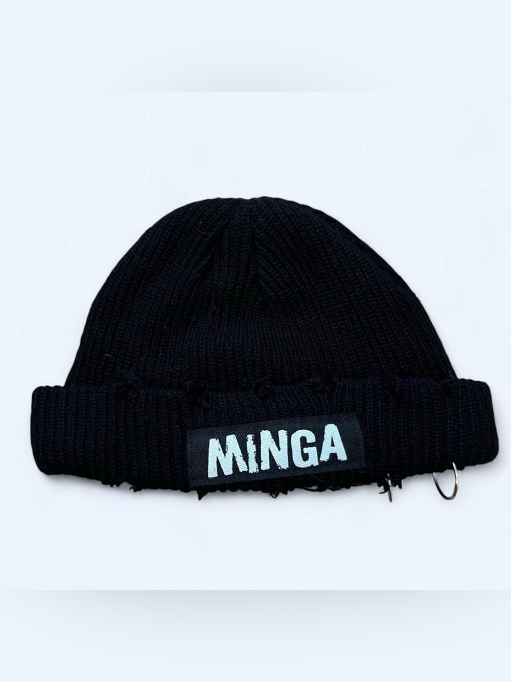 Minga London Black Distressed Ribbed Beanie Hat Silver Piercing Hoop Rings OS